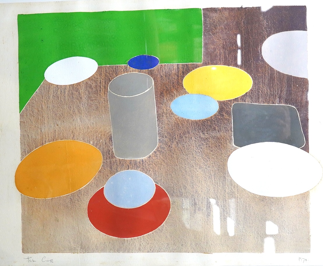 Tom Cross (Slade school, 1931-2009), gouache, abstract still life, signed and dated 1970, 52 x 72cm. Condition - fair